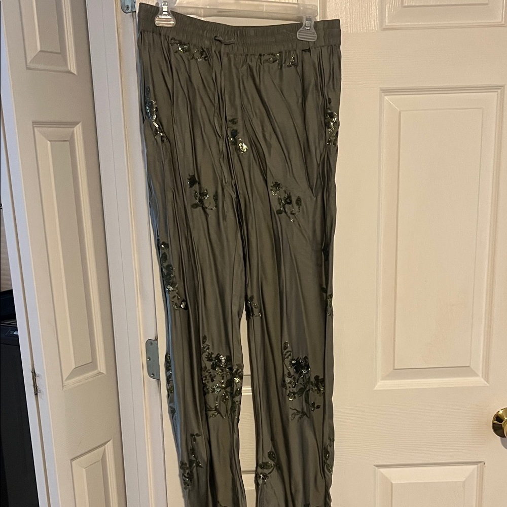 Zara Olive Green Embroidered Joggers